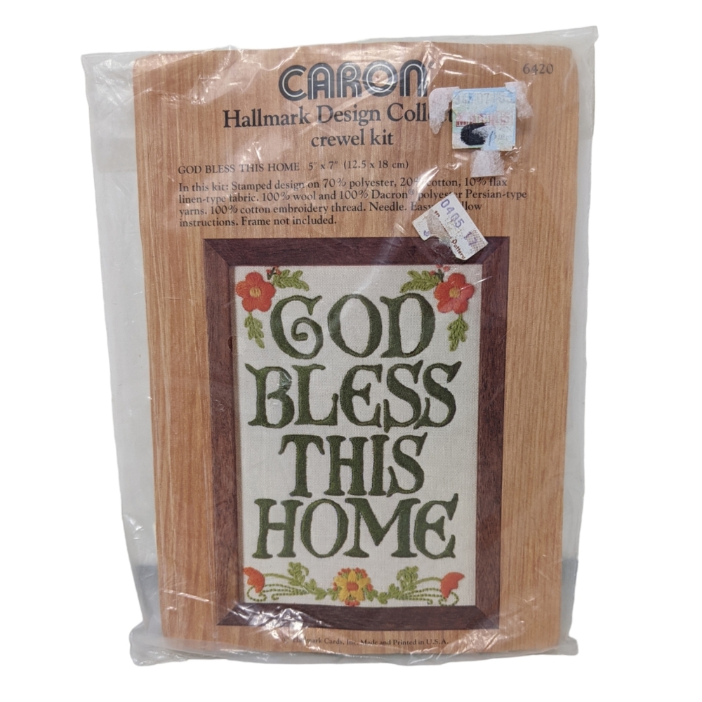Vintage Caron Hallmark Design Crewel Kit God Bless This Home Green Orang…